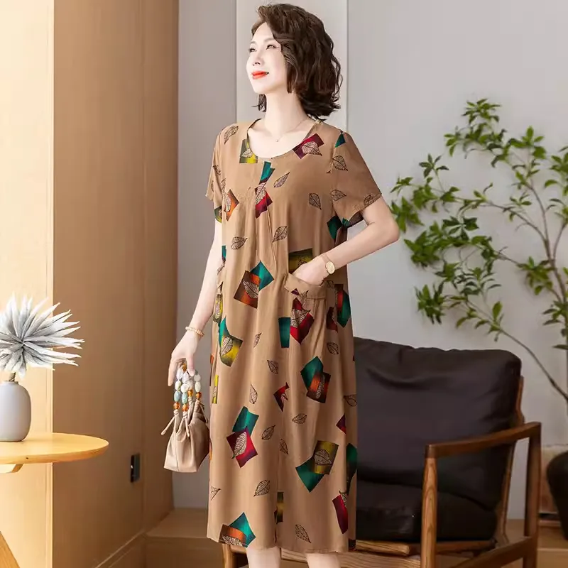 Middle-aged And Elderly Women's Cotton Silk Printing Maxi Dress - No 51-3Xl