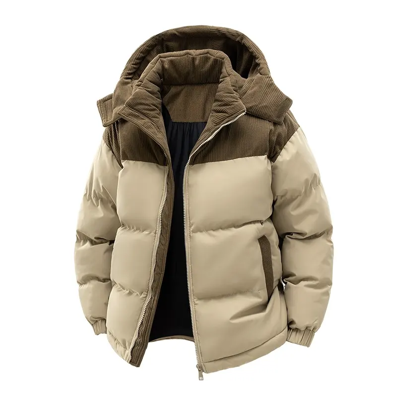 Detachable Hat Cotton-padded Coat for Couple Color Contrast Patchwork