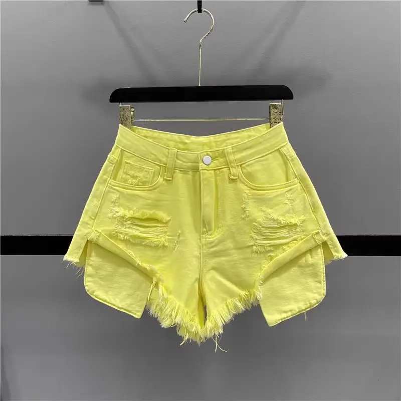 High-Waisted Slimming Fringed Ripped Denim Shorts For Women