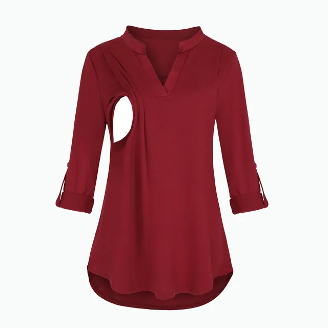 Plaid Printed Pregnant Woman Breastfeeding V neck Long Sleeve Top Solid Color Red - Shop at LoveMi