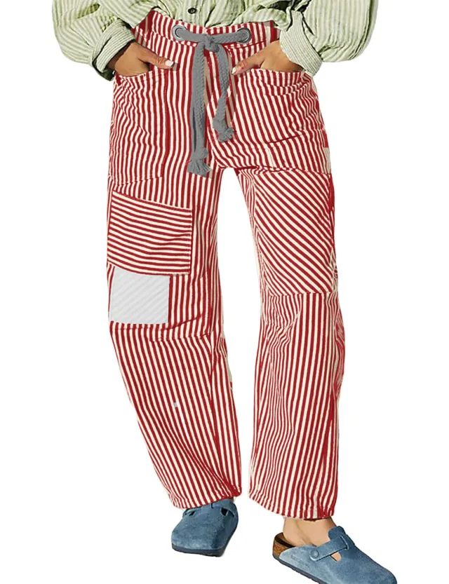 Fashion Commuter Casual Loose Wide Leg Striped Stitching Drawstring Pocket Trousers Red - Shop at LoveMi