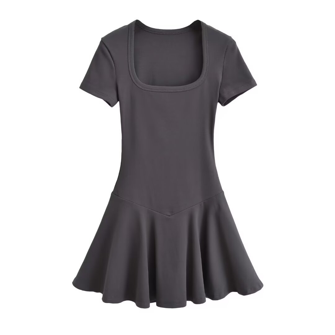 Square Collar Short Sleeve Solid Color Cotton Tight Dress