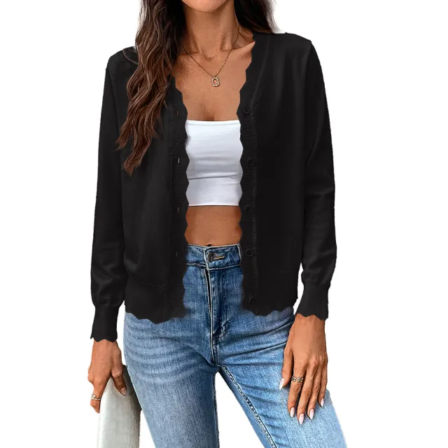 V neck Long sleeved Knitted Cardigan Pure Color Ice Silk Coat For Women Black - Shop at LoveMi