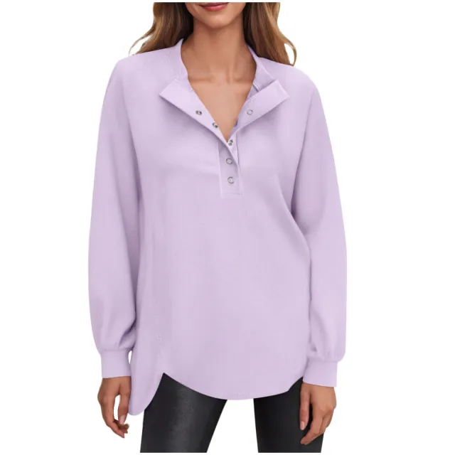 Women's Fashion Casual Solid Color Round Neck Button Long Sleeve Top Purple - Shop at LoveMi