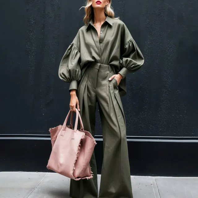 Long sleeved Shirt Wide leg Pants Cotton And Linen Two piece Suit Army Green - Shop at LoveMi