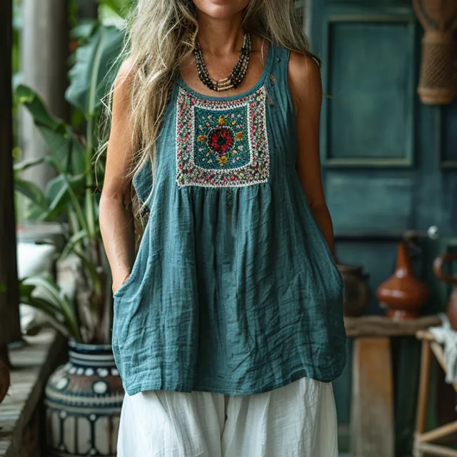 Women's Retro Loose Breathable Ethnic Style V neck Vest Top Blue - Shop at LoveMi
