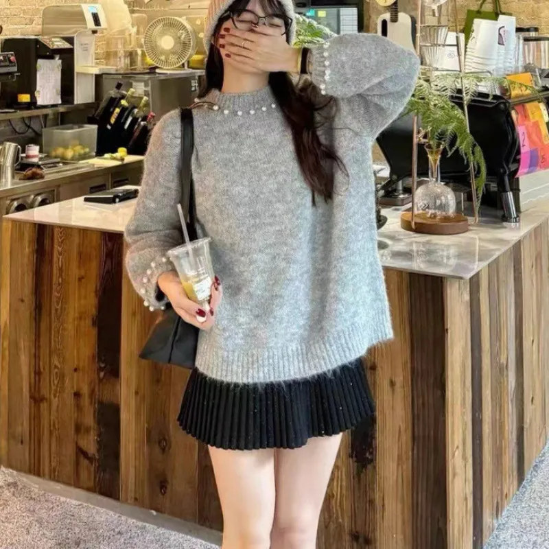 High-grade Loose Versatile Knitted Top - Gray