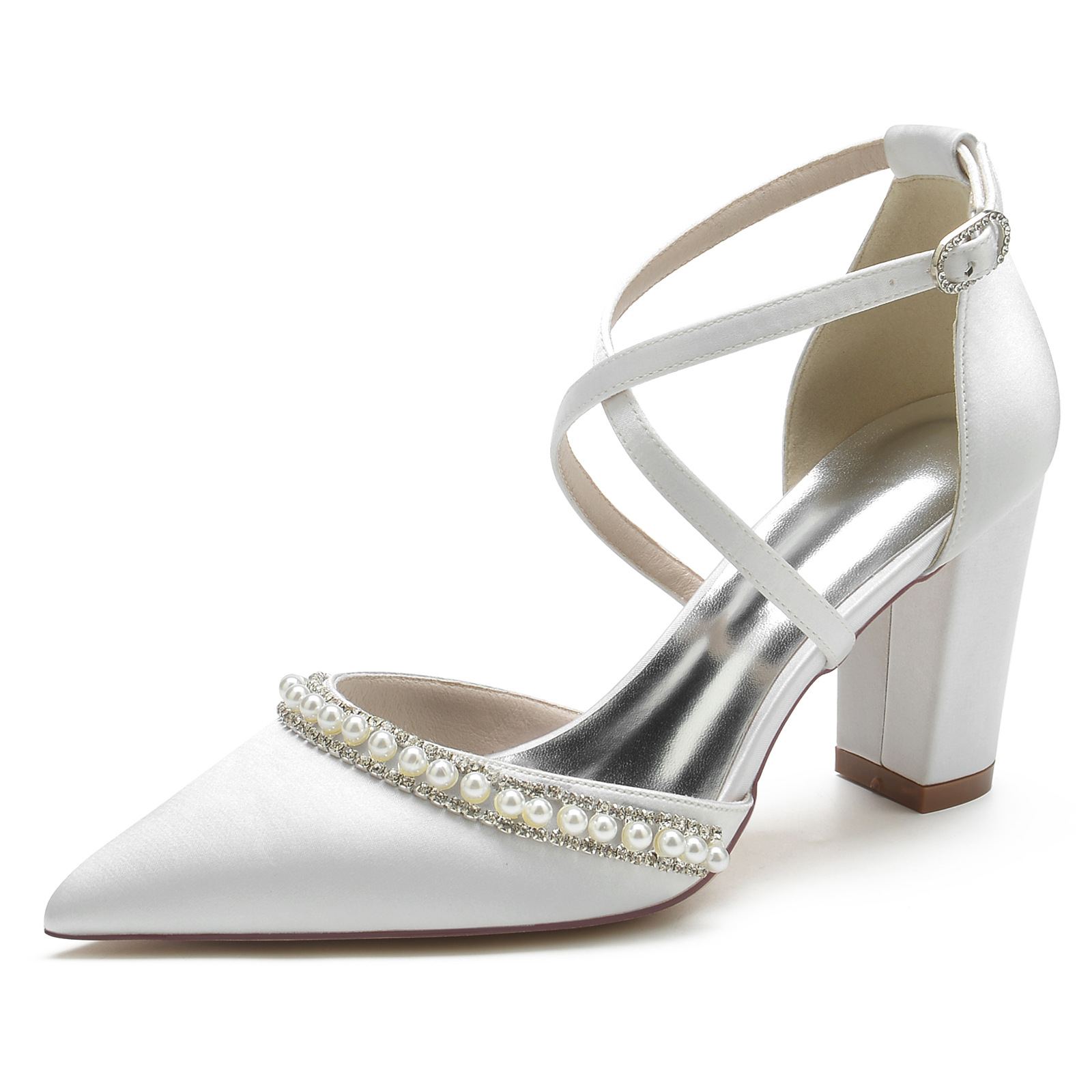 Title 27, Satijnen pumps met spitse neus, blokhak, strass...