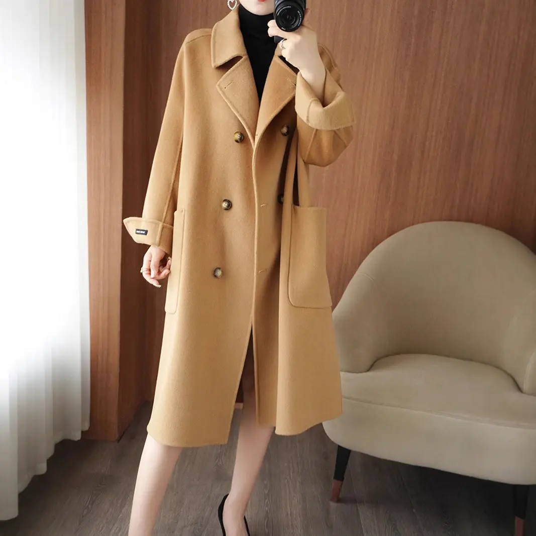 Long Below-the-Knee Double-Breasted Wool Coat In Korean