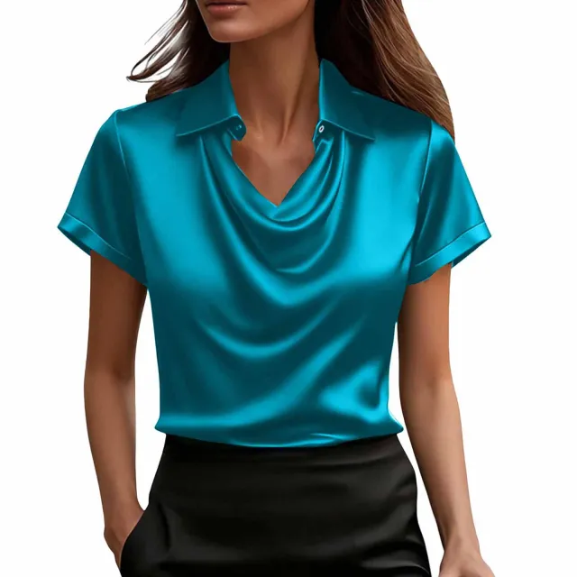 Fashionable Solid Color Casual Lapel Collar Button Down Short Sleeve Shirt Blue - Shop at LoveMi
