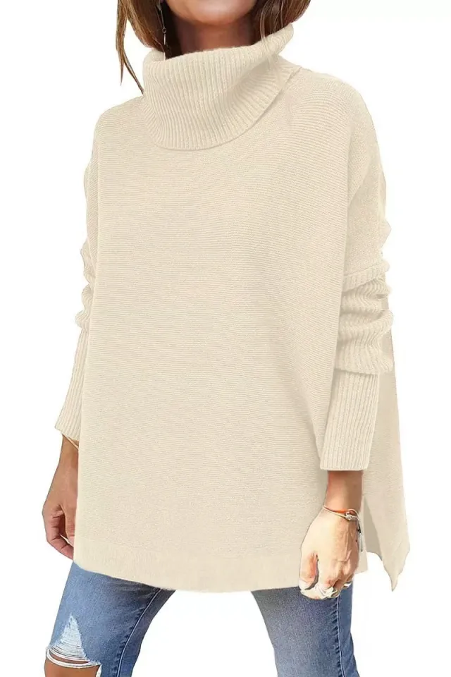 Women's Turtleneck Oversized Mid length Batwing Split Sleeve Hem Waist Pullover Sweater Apricot - Shop at LoveMi