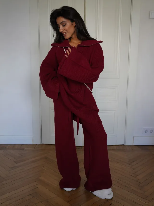 New Solid Color Half Zipper Collar Solid Color Casual Trousers Two piece Set Red - Shop at LoveMi