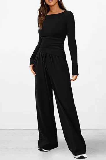 Casual Suit Asymmetric Long sleeved T shirt Wide leg Pants Sportswear Black - Shop at LoveMi