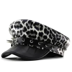 Leopard Print Leather Hat Punk Rock Beret Leather Summer And Autumn - Grey - View 1