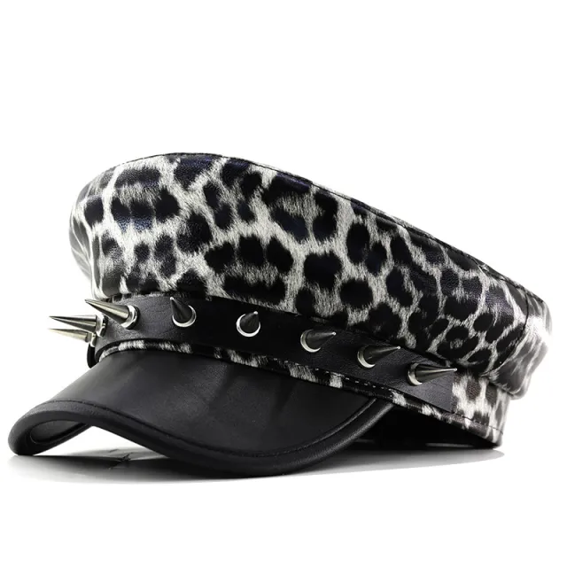 Leopard Print Leather Hat Punk Rock Beret Leather Summer And Autumn Gray - Shop at LoveMi