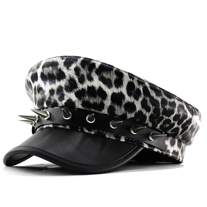 Leopard Print Leather Hat Punk Rock Beret Leather Summer And Autumn - Gray