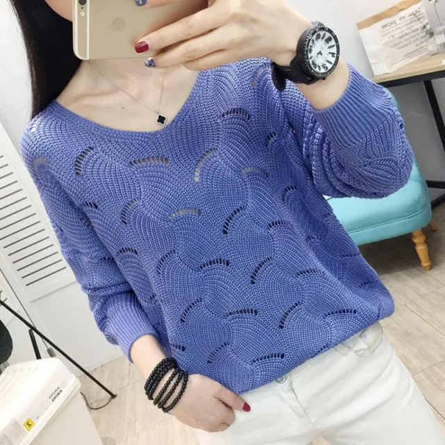 Bottoming V neck Loose Long Sleeve Thin Outerwear Top Blue - Shop at LoveMi