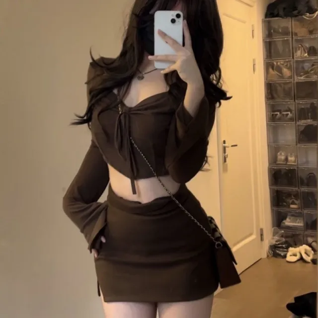 American Hem Irregular Long Sleeve Top And Skirt Suit Top And Skirt - Shop at LoveMi