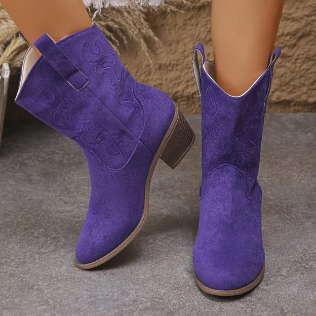 Pointed Toe Western Boots Fashion Retro Embroidered Chunky Square heeled Mid calf Boot For Women Red - Shop at LoveMi