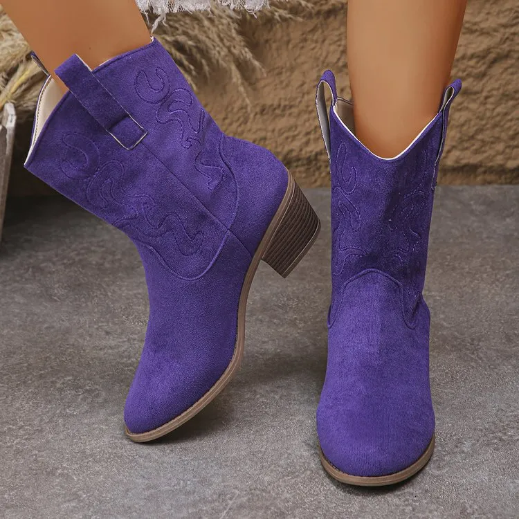 Pointed Toe Western Boots Fashion Retro Embroidered Chunky Square-heeled Mid-calf Boot For Women - Red