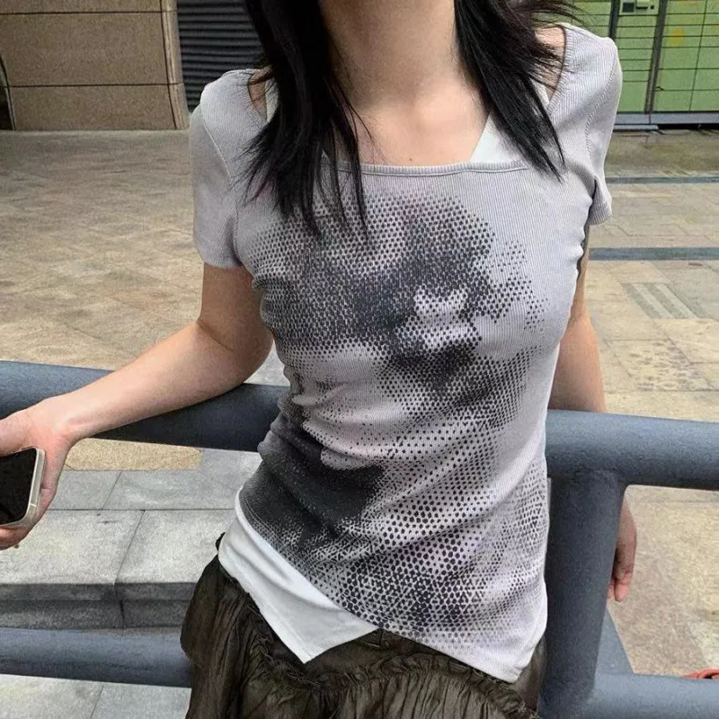 Stitching Fake Two-piece Personality Portrait Printing Short Sleeve - Gray
