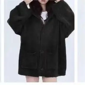 Retro High Sense Hooded Knit Cardigan Black - Shop at LoveMi