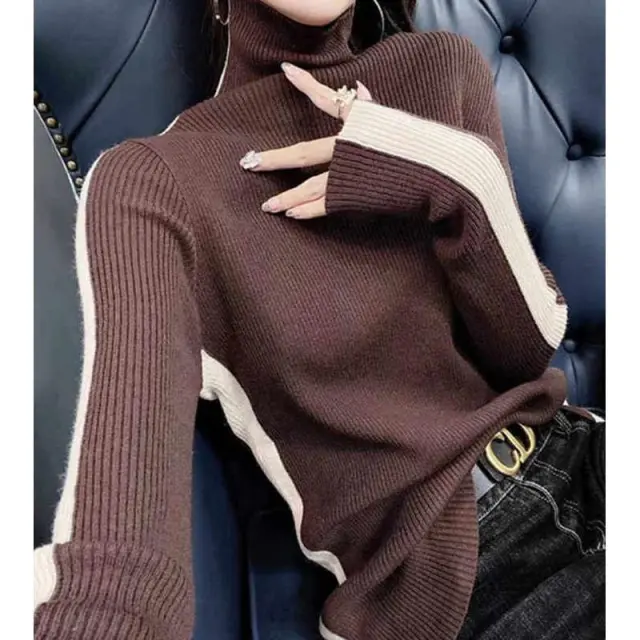 Korean style Slim fit Sweater Western Style Color Matching Turtleneck Long Sleeve Coffee Color - Shop at LoveMi