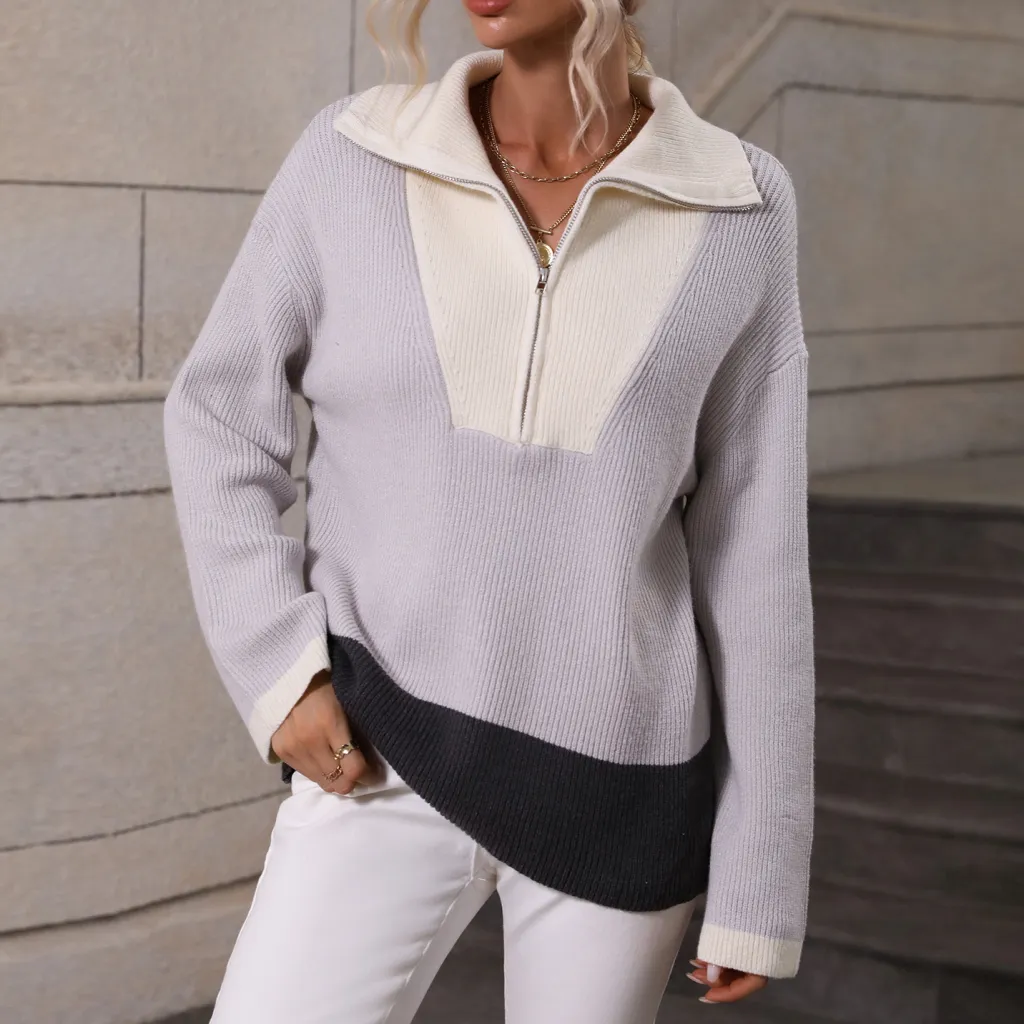 European And American Comfortable Zipper Pullover Women - Light Blue