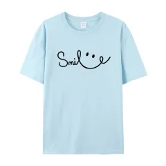 Women's Smiling Printed Cotton Short Sleeve - Light Blue - View 1