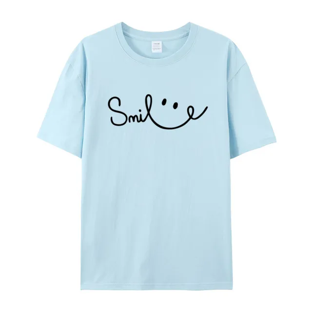 Women's Smiling Printed Cotton Short Sleeve Light Blue - Shop at LoveMi
