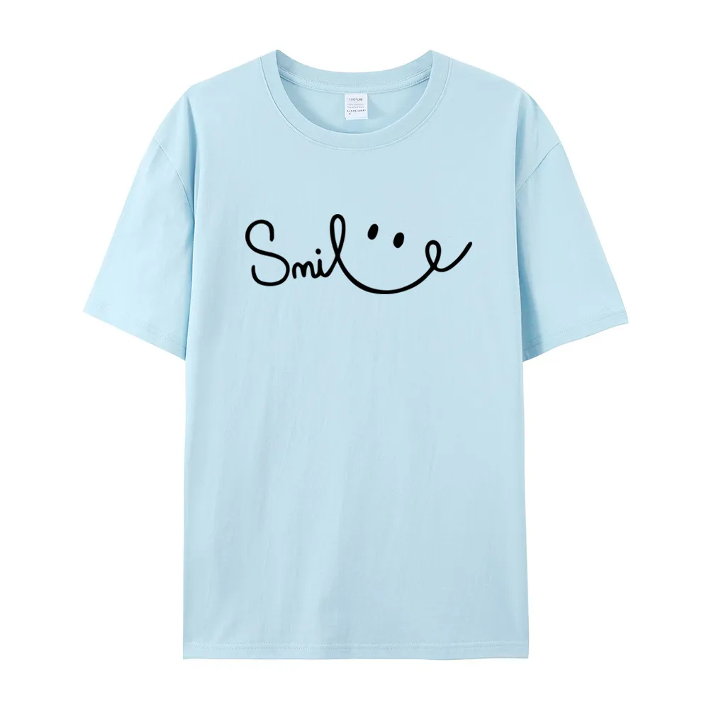 Women's Smiling Printed Cotton Short Sleeve - Light Blue