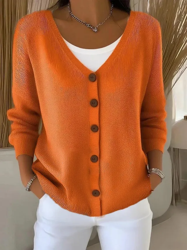 Women's Clothes Solid Color Knitted Button Cardigan Sweater Orange Red - Shop at LoveMi