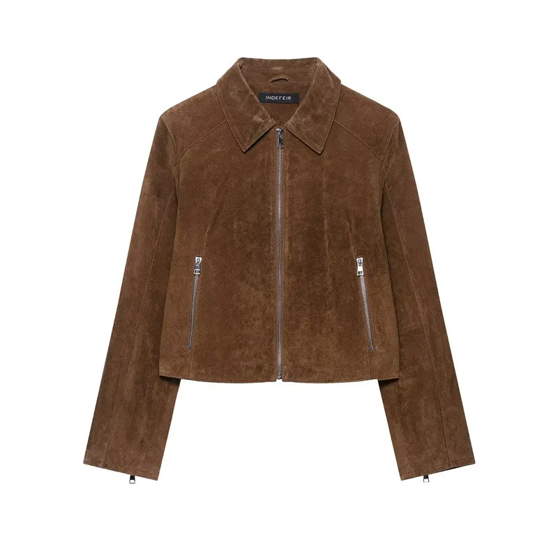 Short Elegant Pure Leather Retro Coat - Brown