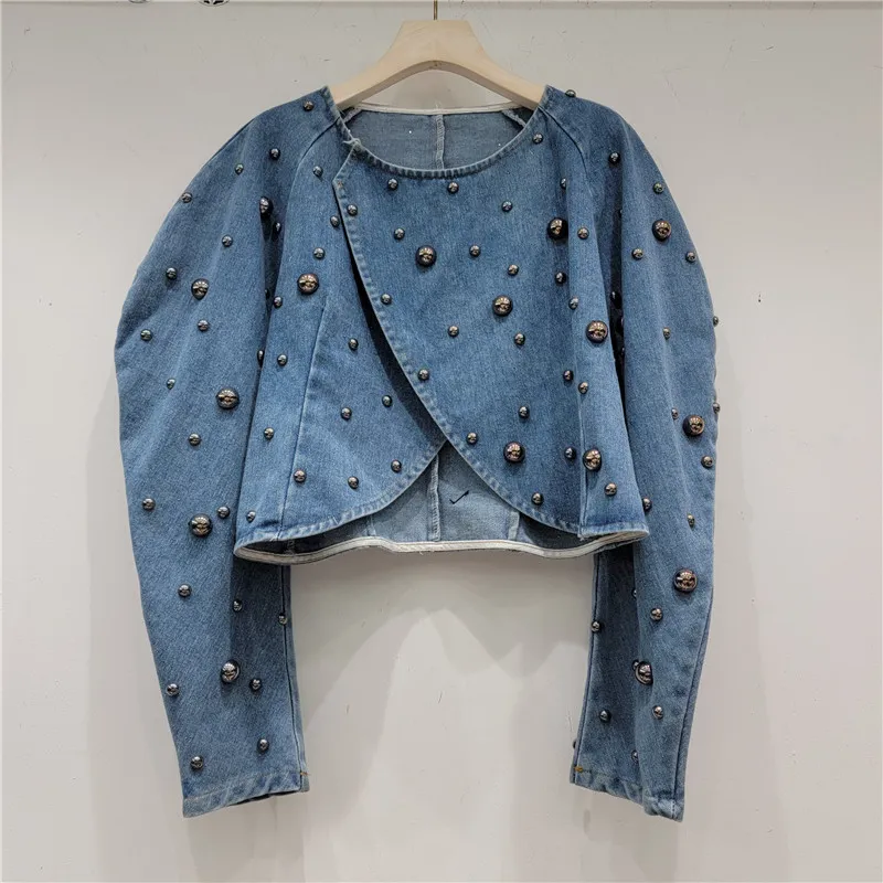 Design Sense Heavy Industry Fashion Wire Nail Rivet Puff Sleeve Cropped Denim Top - Gray Nail
