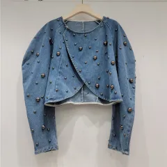 Design Sense Heavy Industry Fashion Wire Nail Rivet Puff Sleeve Cropped Denim Top - Gray Nail - View 1