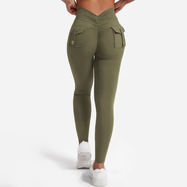 Peach Hip Yoga Pants Pocket Sweet Cool Workwear For Women Army Green - Shop at LoveMi