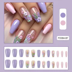 Wonderful Embossed Flower Fake Nail Tip - Purple Flower Relief - View 1