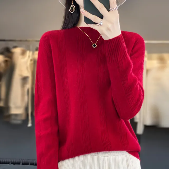 Autumn And Winter Stand Collar Vertical Stripes Wool Base Shirt Car Li Red - Shop at LoveMi