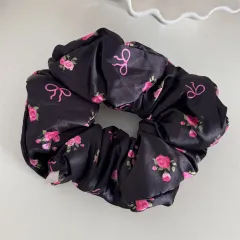 Floral Pillow Hair Ring High Elasticity - Black And Rose Red Pink - View 1