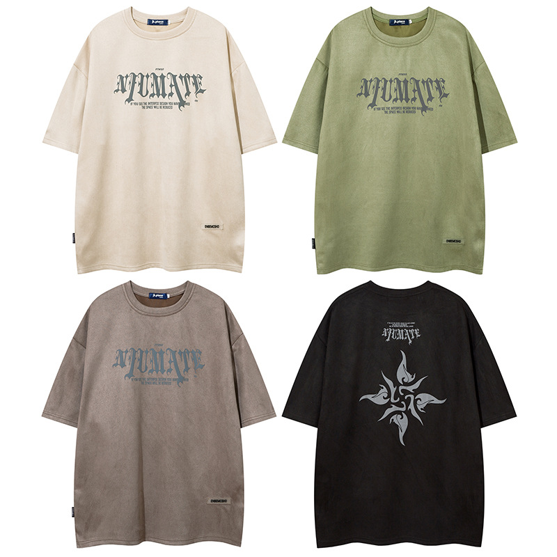 High Street American Retro Deerskin Velvet Foam Print T-shirt Spring and Summer New Trend Men's Short Sleeve T-shirt