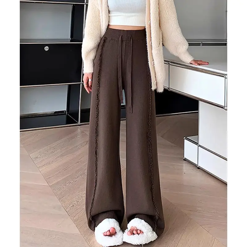 Women's High-Waisted Knitted Trousers with Fringed Detail and Elastic Waistband