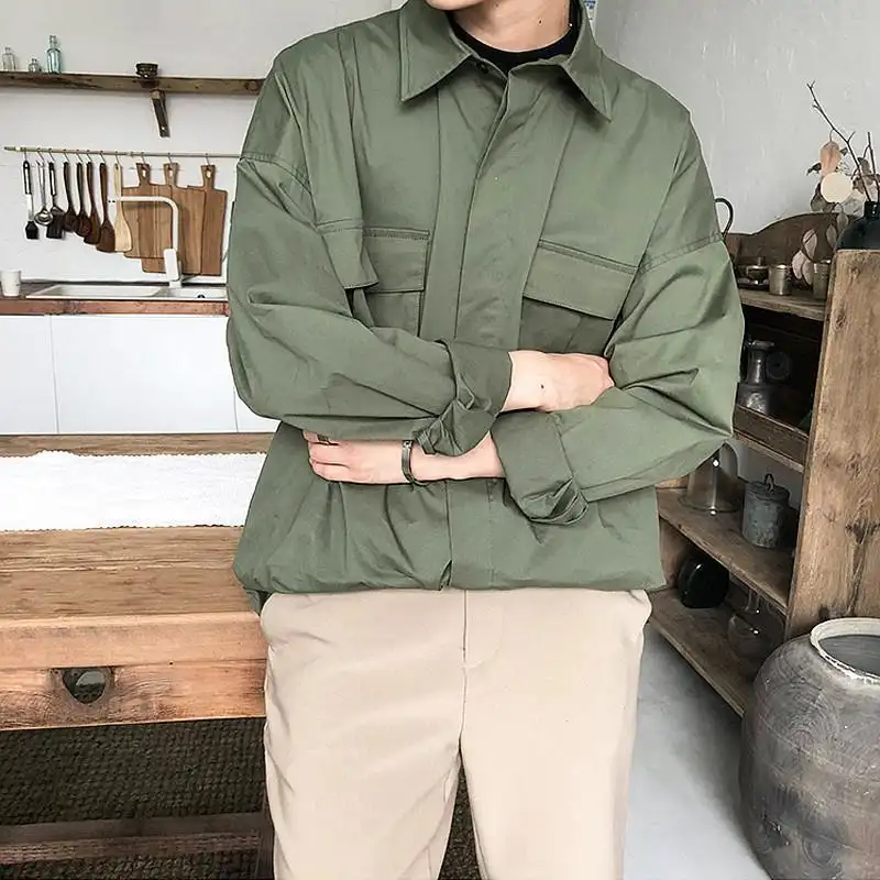 Spring Autumn Men's Long-Sleeve Trendy American-Style Workwear Shirt