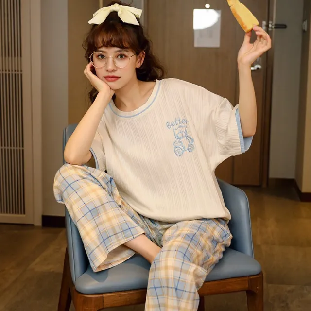 Summer Pajamas Women's Short sleeved Trousers Cotton Two piece Set 3254Style Xxl - Shop at LoveMi