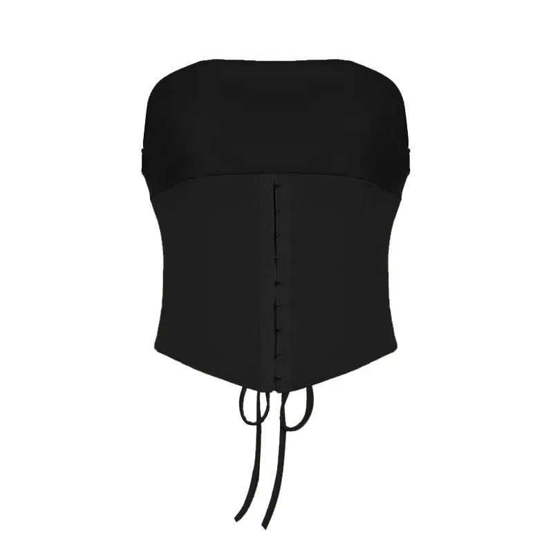 Lace-up Tube Top Top Leather Hollow Out Wrist Hanging Package Hip Skirt Suit - Black Tube Top