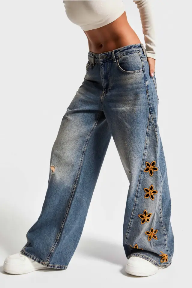 Women's Casual And Relaxed Embroidered High Waist Loose Jeans Blue - Shop at LoveMi