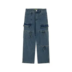 Cargo Pocket Straight-leg Denim Trousers - Blue - View 1