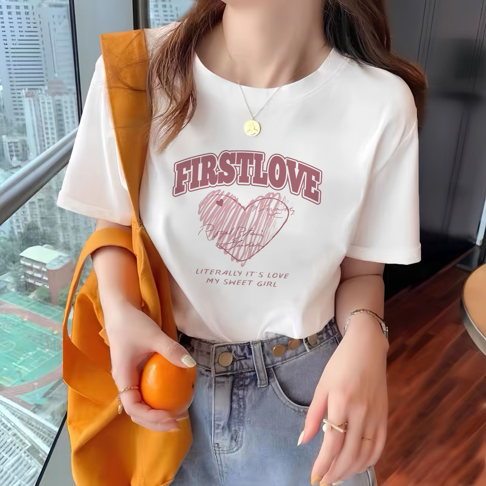 Round Neck Western Style Printed Versatile Harajuku Style Top Pure Cotton Pink Heart - Shop at LoveMi