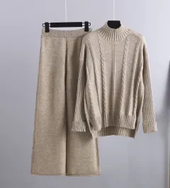 High-end Mock Neck Sweater Wide-leg Pants Suit Women - Camel - View 1