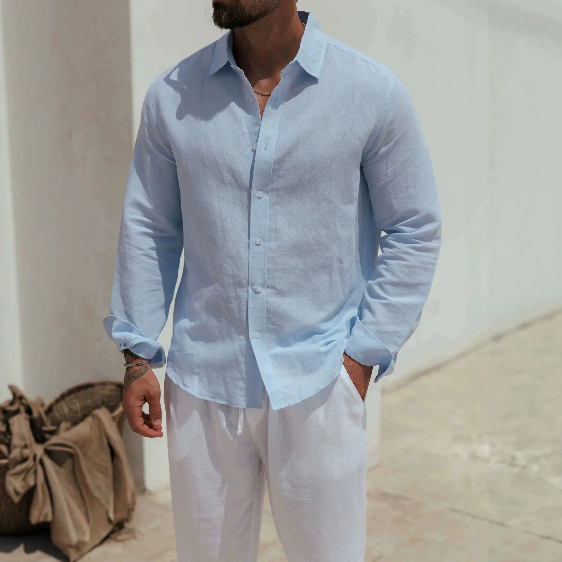 Mens Linen Long-sleeve Shirt Casual And Breathable