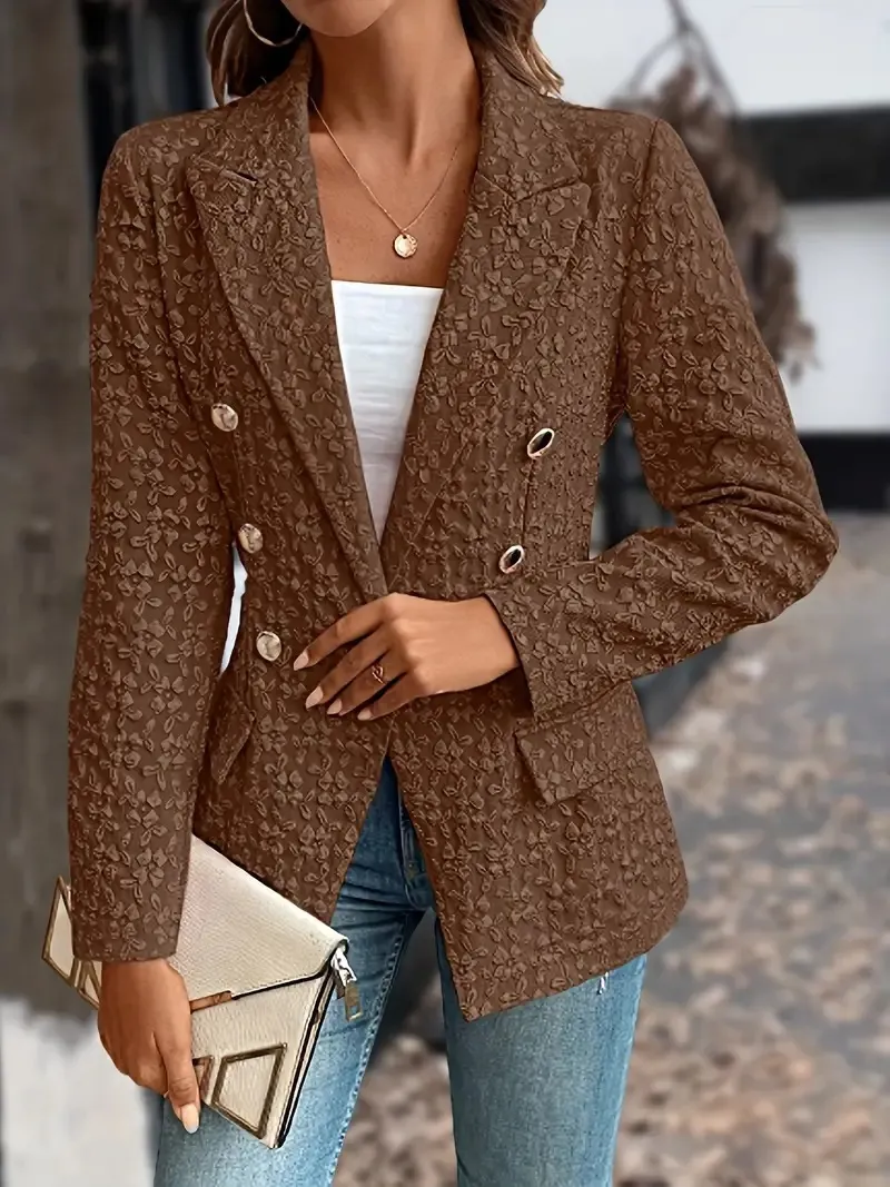 Winter Fashion Temperament Pure Color Double Breasted Blazer Women's Clothing - Brown